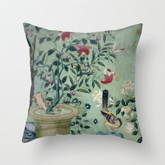 18th Century Antique Mint Chinoiserie Bird Garden Fresco 1740 Throw Pillow