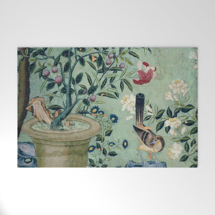 18th Century Antique Mint Chinoiserie Bird Garden Fresco 1740 Welcome Mat
