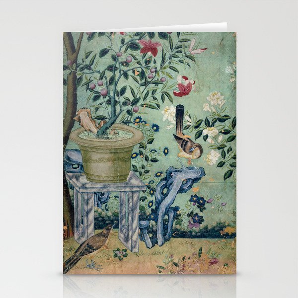 18th Century Antique Mint Chinoiserie Bird Garden Fresco 1740 Stationery Card