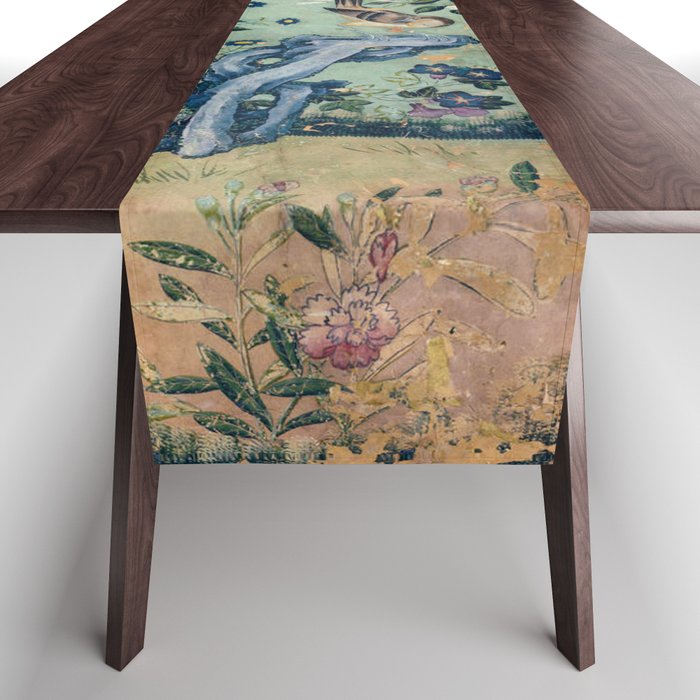 18th Century Antique Mint Chinoiserie Bird Garden Fresco 1740 Table Runner