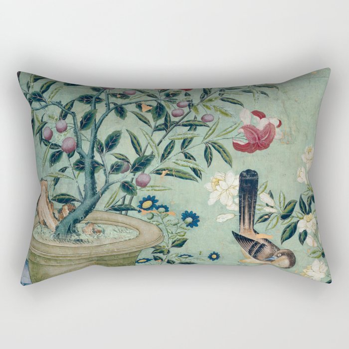 18th Century Antique Mint Chinoiserie Bird Garden Fresco 1740 Rectangular Pillow