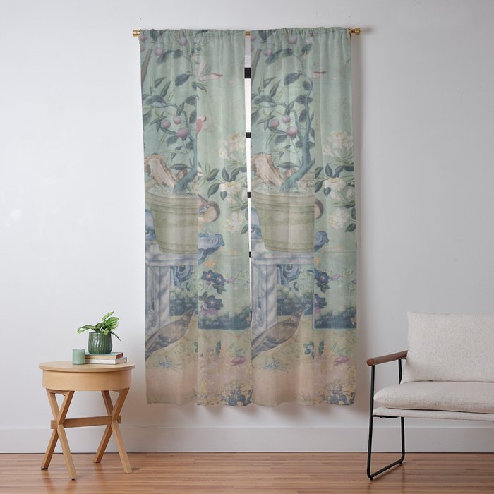 18th Century Antique Mint Chinoiserie Bird Garden Fresco 1740 Window Curtain