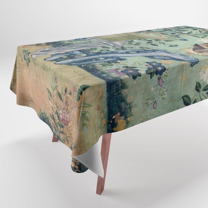 18th Century Antique Mint Chinoiserie Bird Garden Fresco 1740 Tablecloth