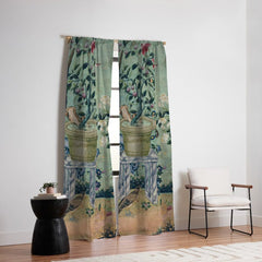 18th Century Antique Mint Chinoiserie Bird Garden Fresco 1740 Window Curtain