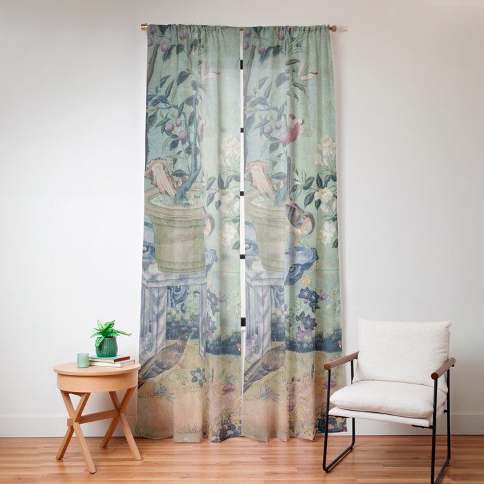 18th Century Antique Mint Chinoiserie Bird Garden Fresco 1740 Window Curtain