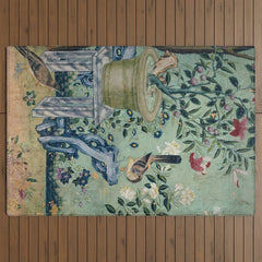 18th Century Antique Mint Chinoiserie Bird Garden Fresco 1740 Outdoor Rug