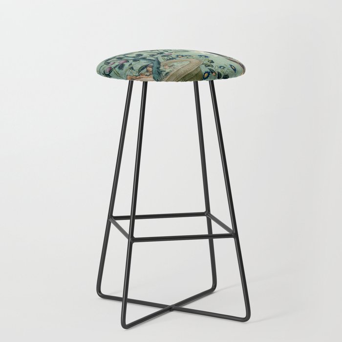 18th Century Antique Mint Chinoiserie Bird Garden Fresco 1740 Stool