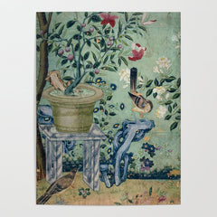 18th Century Antique Mint Chinoiserie Bird Garden Fresco 1740 Poster