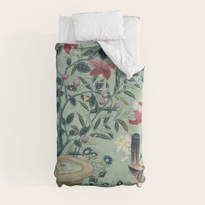18th Century Antique Mint Chinoiserie Bird Garden Fresco 1740 Duvet Cover