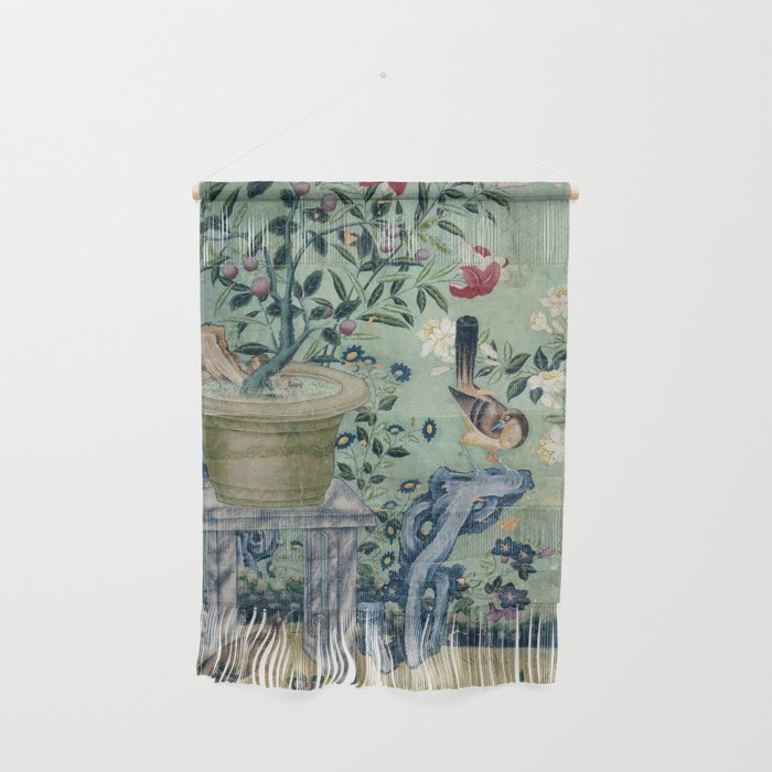 18th Century Antique Mint Chinoiserie Bird Garden Fresco 1740 Wall Hanging