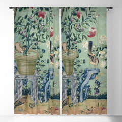 18th Century Antique Mint Chinoiserie Bird Garden Fresco 1740 Window Curtain