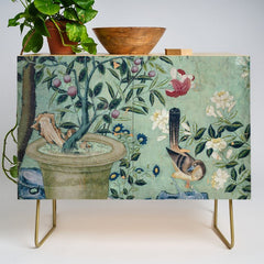 18th Century Antique Mint Chinoiserie Bird Garden Fresco 1740 Credenza