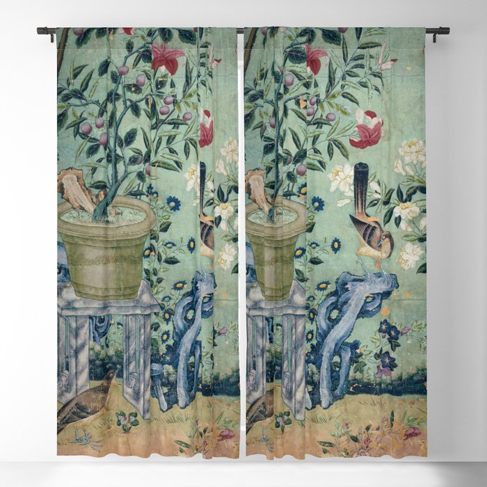 18th Century Antique Mint Chinoiserie Bird Garden Fresco 1740 Window Curtain