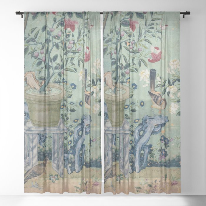 18th Century Antique Mint Chinoiserie Bird Garden Fresco 1740 Window Curtain