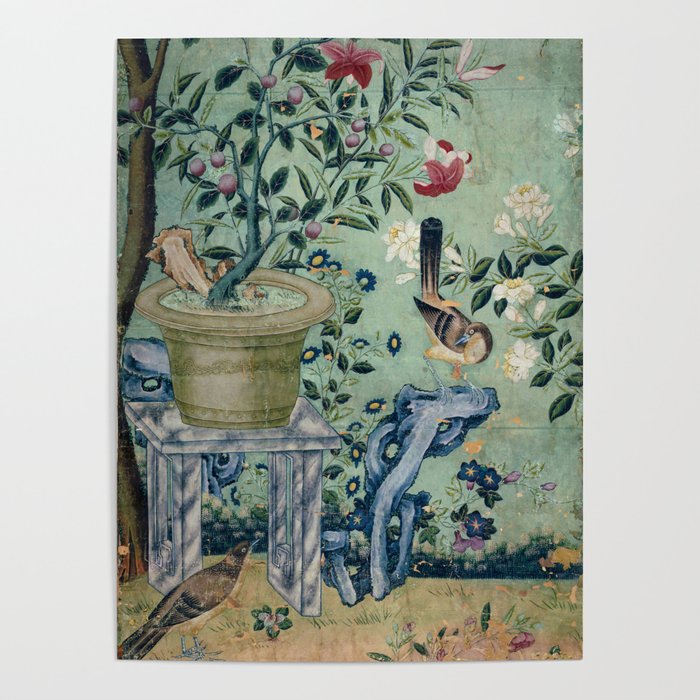 18th Century Antique Mint Chinoiserie Bird Garden Fresco 1740 Poster
