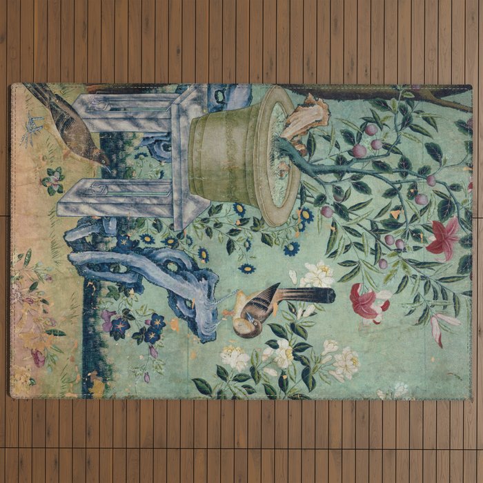 18th Century Antique Mint Chinoiserie Bird Garden Fresco 1740 Outdoor Rug