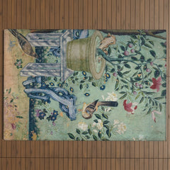 18th Century Antique Mint Chinoiserie Bird Garden Fresco 1740 Outdoor Rug