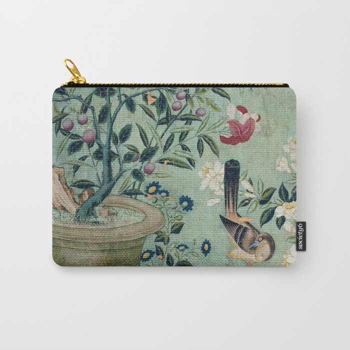 18th Century Antique Mint Chinoiserie Bird Garden Fresco 1740 Carry All Pouch