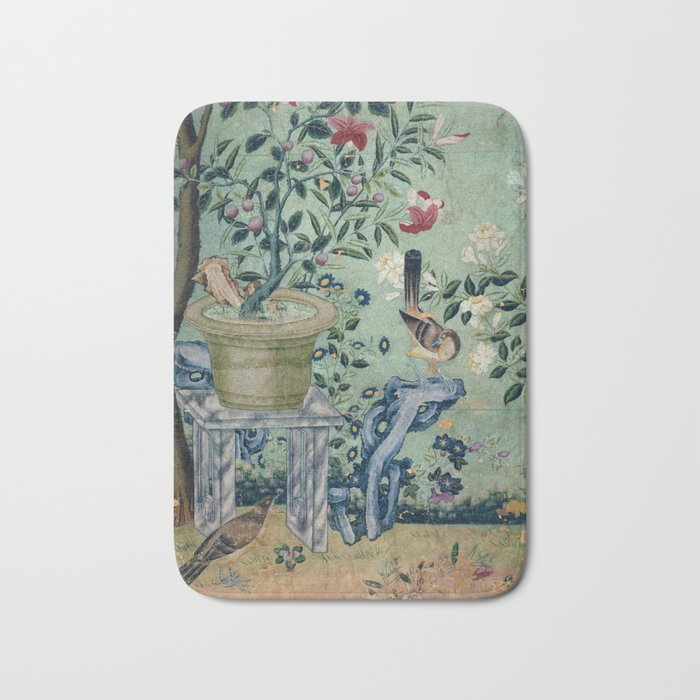 18th Century Antique Mint Chinoiserie Bird Garden Fresco 1740 Bath Mat