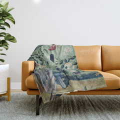 18th Century Antique Mint Chinoiserie Bird Garden Fresco 1740 Throw Blanket