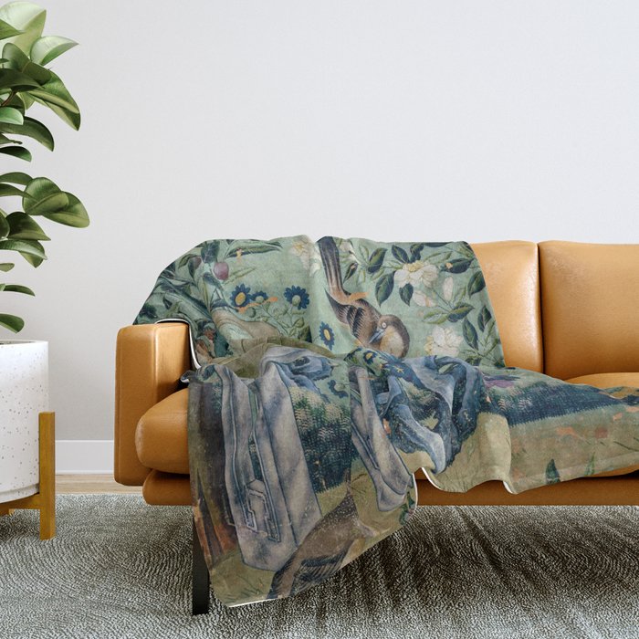 18th Century Antique Mint Chinoiserie Bird Garden Fresco 1740 Throw Blanket
