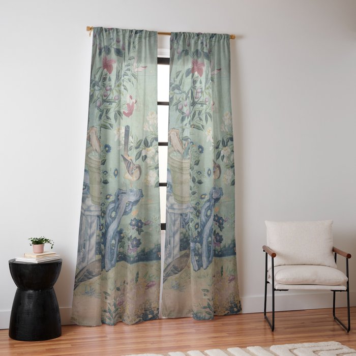 18th Century Antique Mint Chinoiserie Bird Garden Fresco 1740 Window Curtain