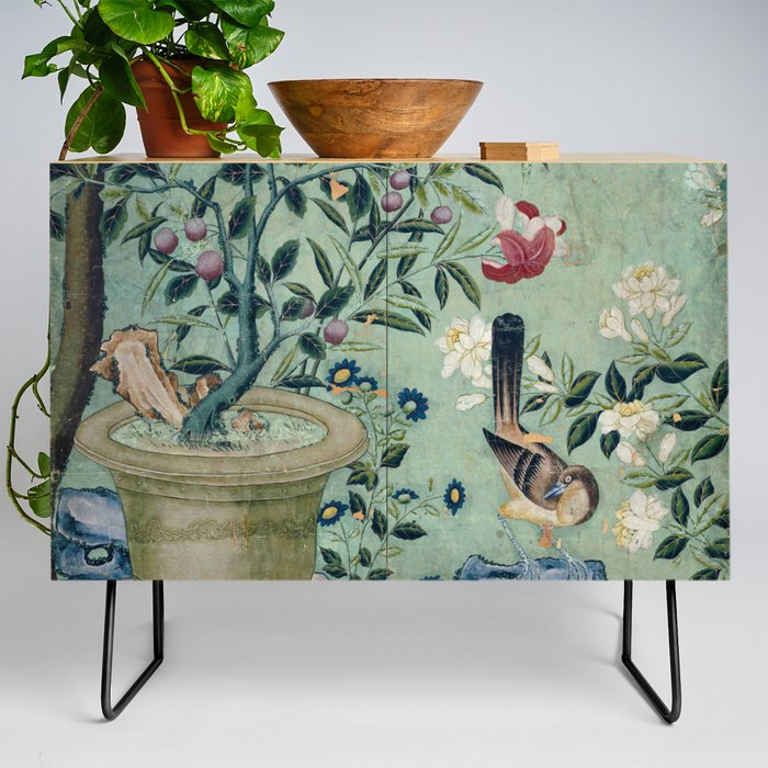 18th Century Antique Mint Chinoiserie Bird Garden Fresco 1740 Credenza