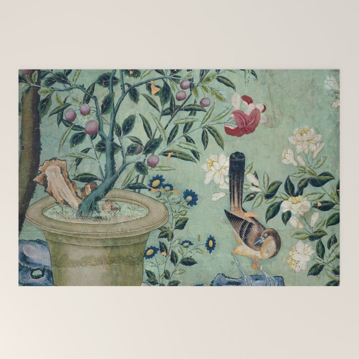 18th Century Antique Mint Chinoiserie Bird Garden Fresco 1740 Welcome Mat