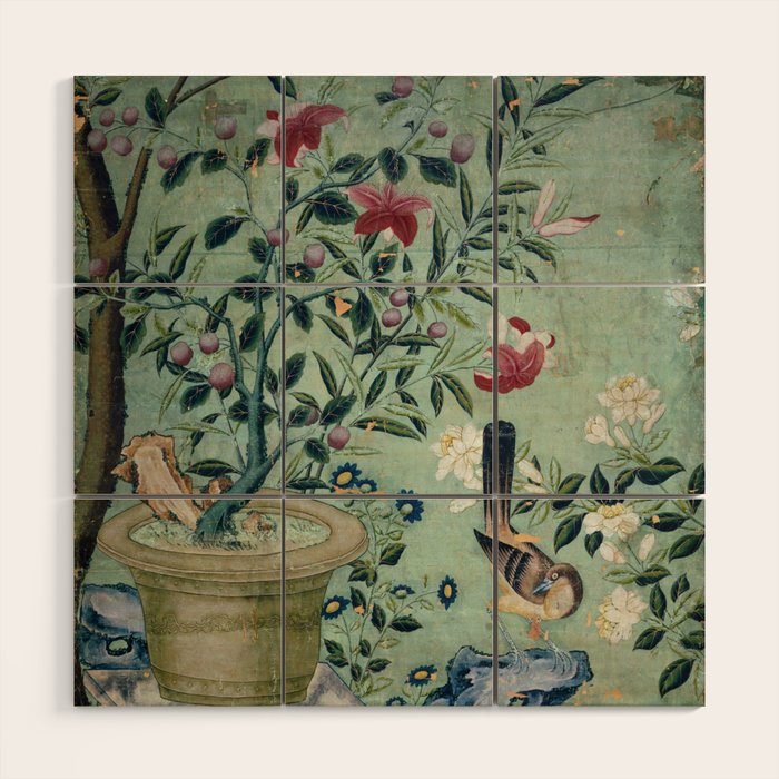 18th Century Antique Mint Chinoiserie Bird Garden Fresco 1740 Wood Wall Art