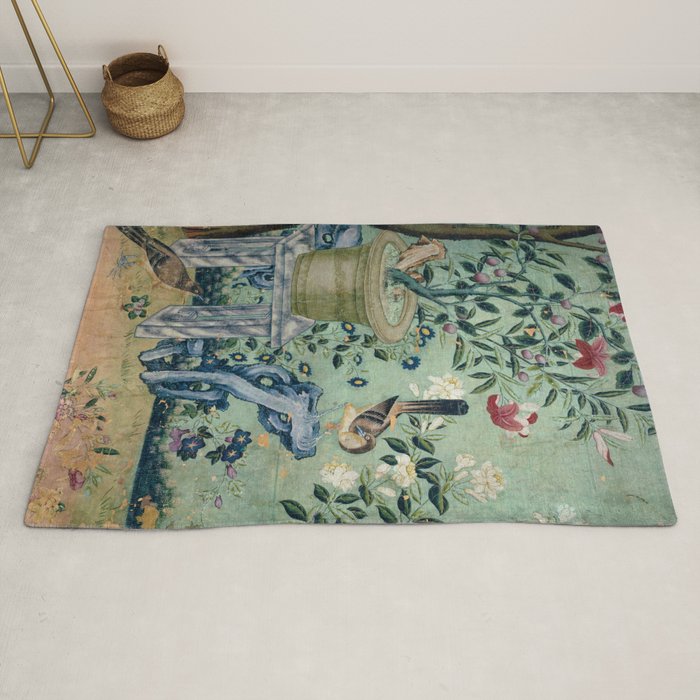 18th Century Antique Mint Chinoiserie Bird Garden Fresco 1740 Rug