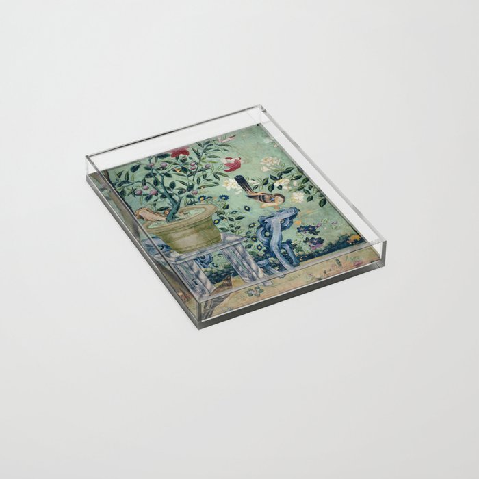 18th Century Antique Mint Chinoiserie Bird Garden Fresco 1740 Acrylic Tray