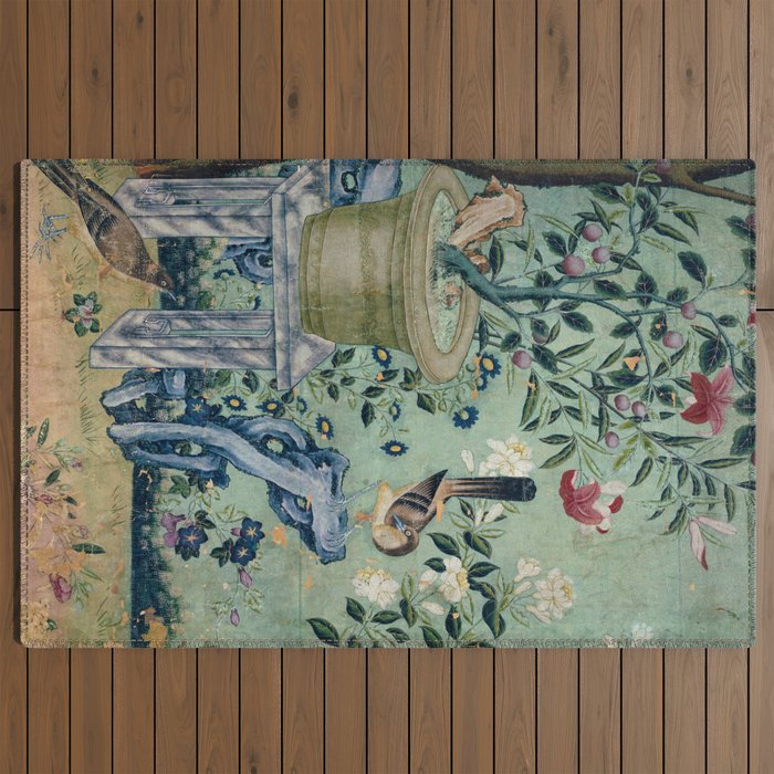 18th Century Antique Mint Chinoiserie Bird Garden Fresco 1740 Outdoor Rug