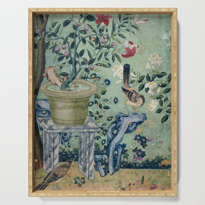 18th Century Antique Mint Chinoiserie Bird Garden Fresco 1740 Serving Tray