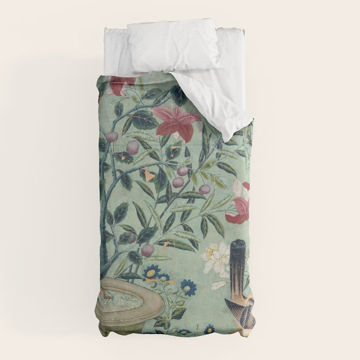 18th Century Antique Mint Chinoiserie Bird Garden Fresco 1740 Duvet Cover