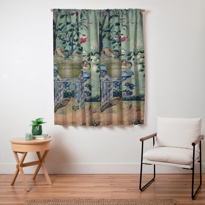 18th Century Antique Mint Chinoiserie Bird Garden Fresco 1740 Window Curtain