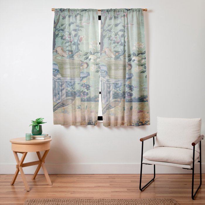 18th Century Antique Mint Chinoiserie Bird Garden Fresco 1740 Window Curtain