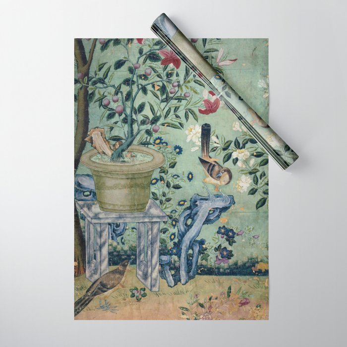 18th Century Antique Mint Chinoiserie Bird Garden Fresco 1740 Wrapping Paper
