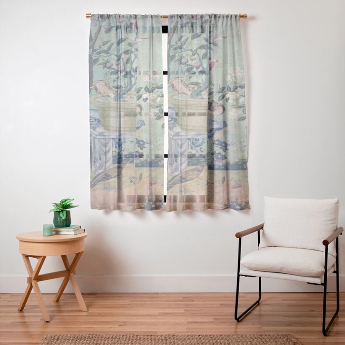 18th Century Antique Mint Chinoiserie Bird Garden Fresco 1740 Window Curtain