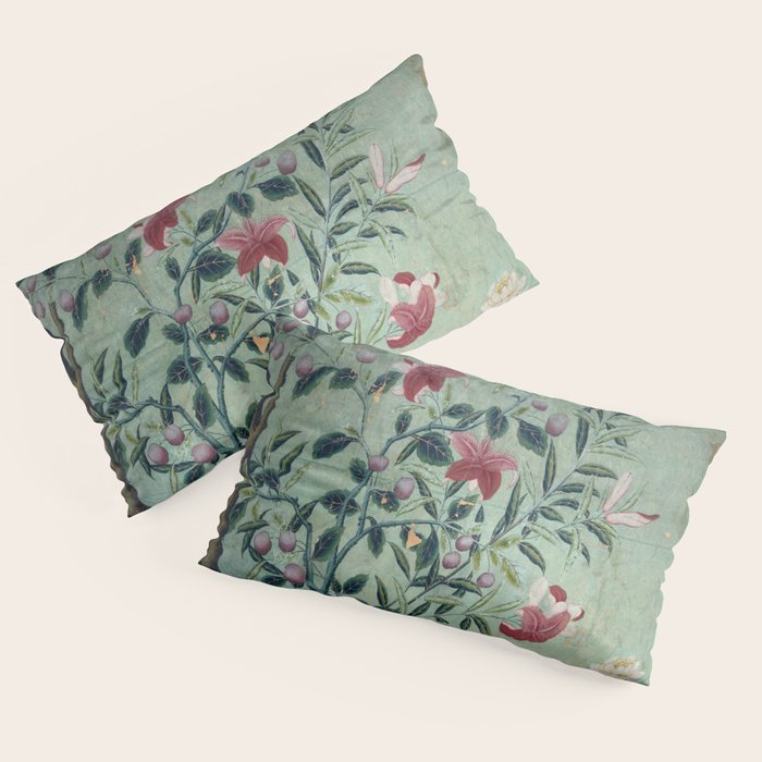 18th Century Antique Mint Chinoiserie Bird Garden Fresco 1740 Pillow Sham