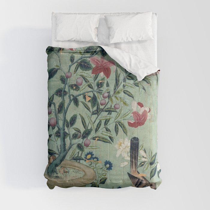 18th Century Antique Mint Chinoiserie Bird Garden Fresco 1740 Comforter