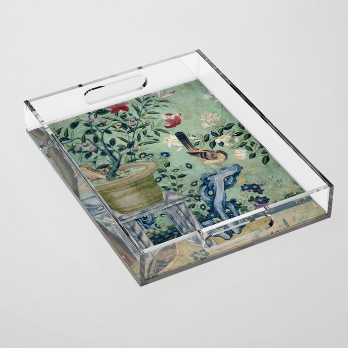 18th Century Antique Mint Chinoiserie Bird Garden Fresco 1740 Acrylic Tray