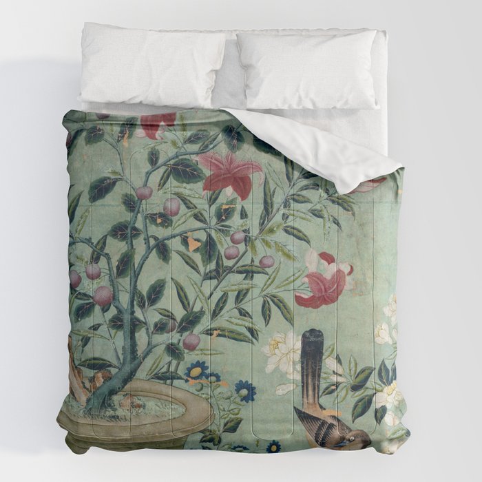 18th Century Antique Mint Chinoiserie Bird Garden Fresco 1740 Comforter