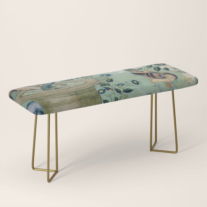 18th Century Antique Mint Chinoiserie Bird Garden Fresco 1740 Bench