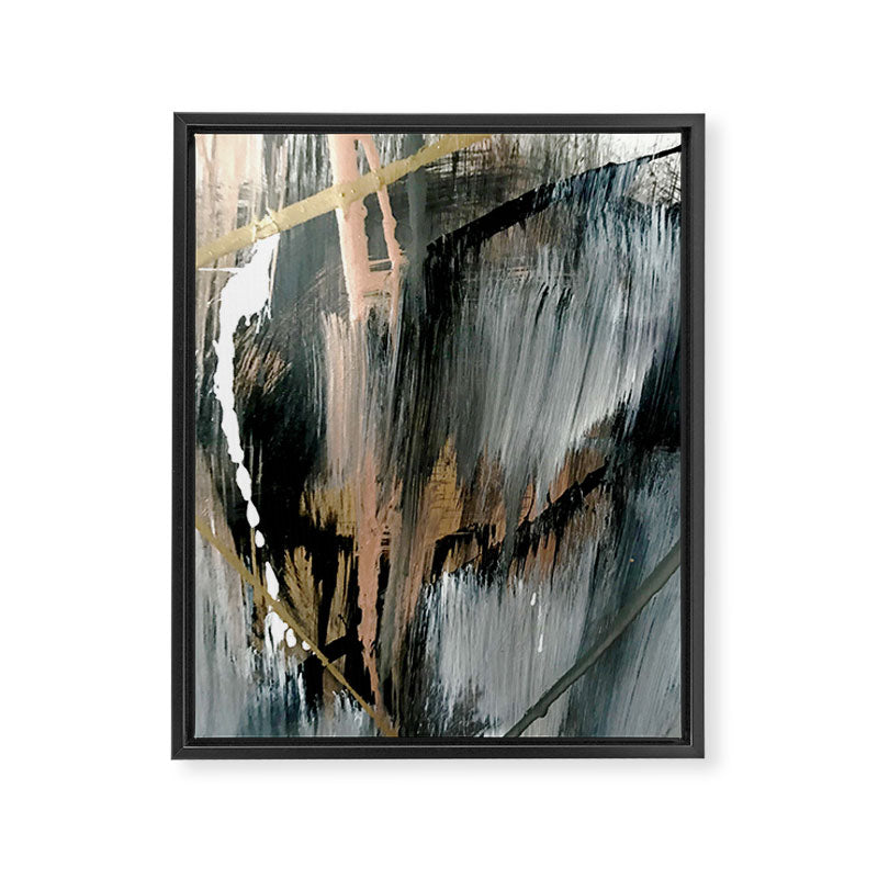 01025: a neutral abstract in gold, black, and white Framed Canvas Print