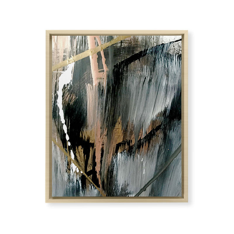 01025: a neutral abstract in gold, black, and white Framed Canvas Print
