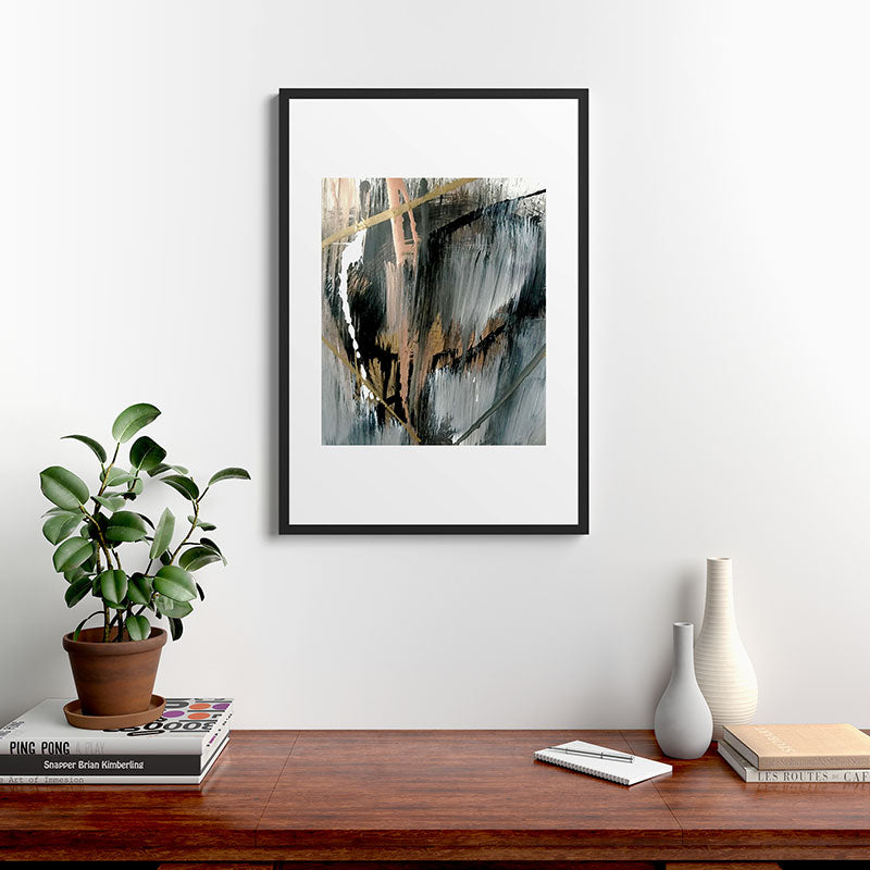 01025: a neutral abstract in gold, black, and white Framed Art Print