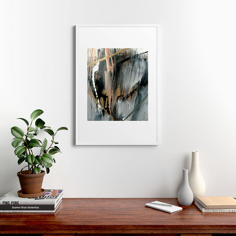 01025: a neutral abstract in gold, black, and white Framed Art Print