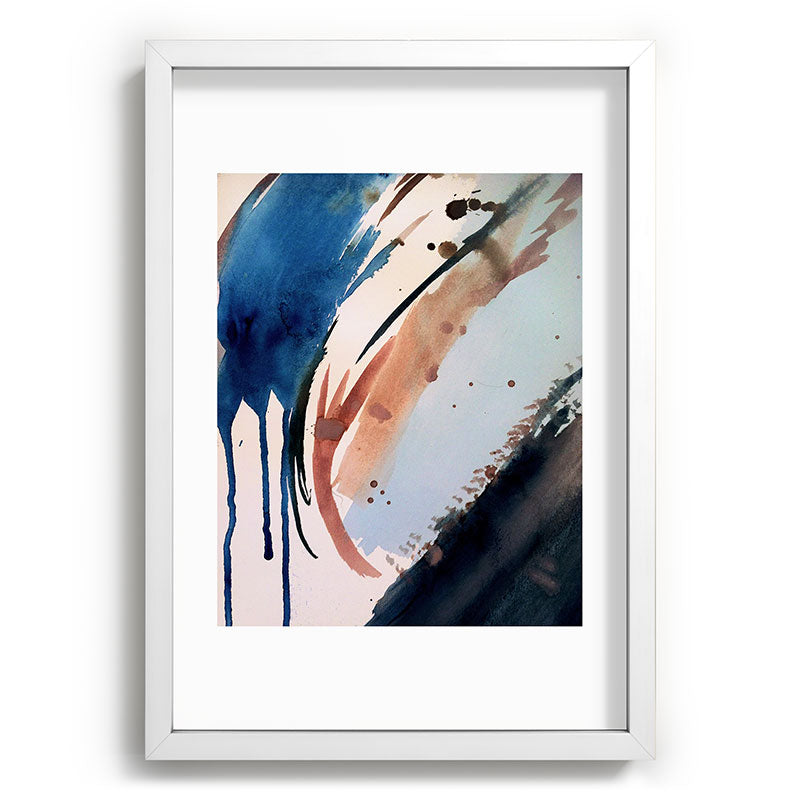 708 - a minimal mixed media abstract piece in blues, pinks, and white Framed Art Print