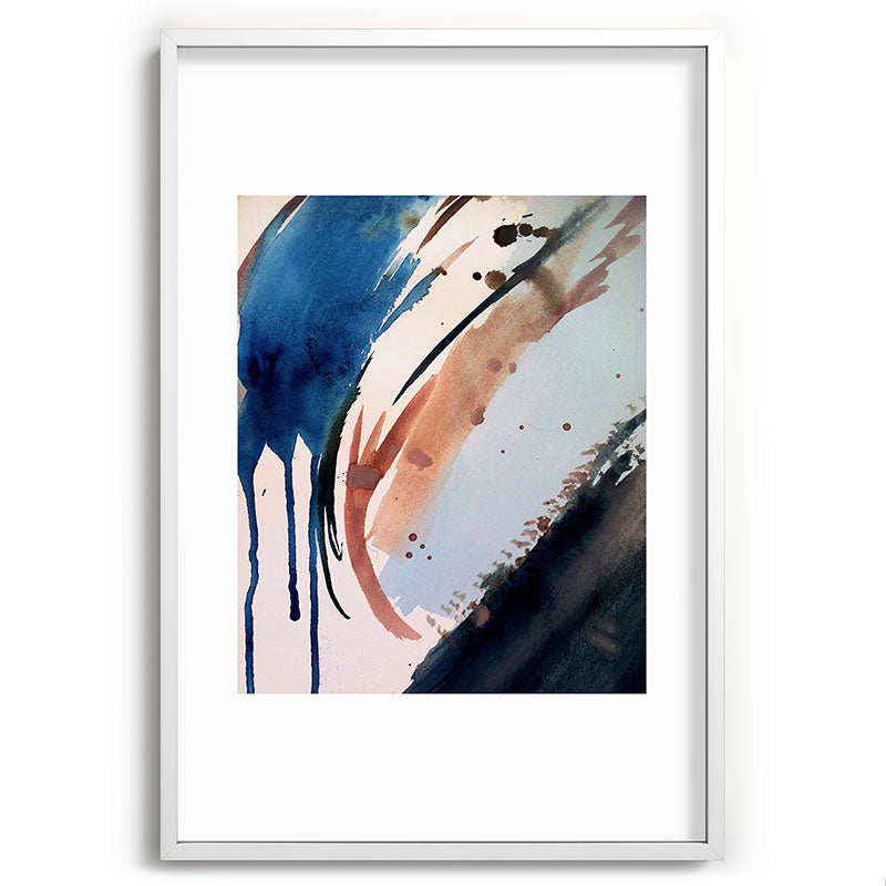 708 - a minimal mixed media abstract piece in blues, pinks, and white Framed Art Print