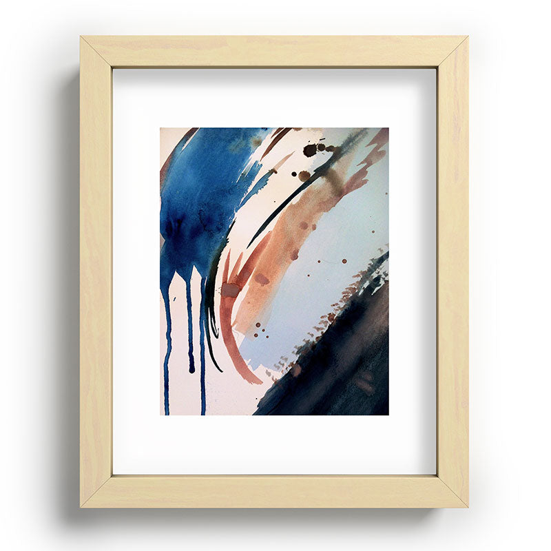 708 - a minimal mixed media abstract piece in blues, pinks, and white Framed Art Print